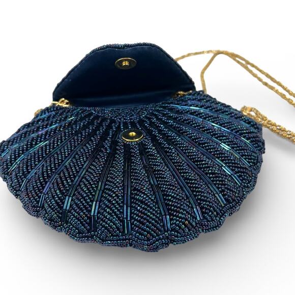 Vintage Iridescent navy beaded seashell clutch shoulder bag ouster shell mermaid - Picture 4 of 8